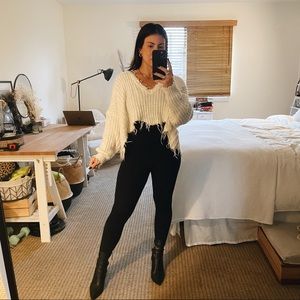White Cropped Frayed Hem Sweater